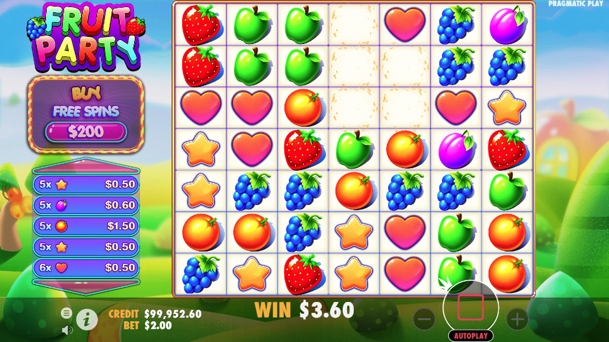 Kaskádový efekt online automatu Fruit Party
